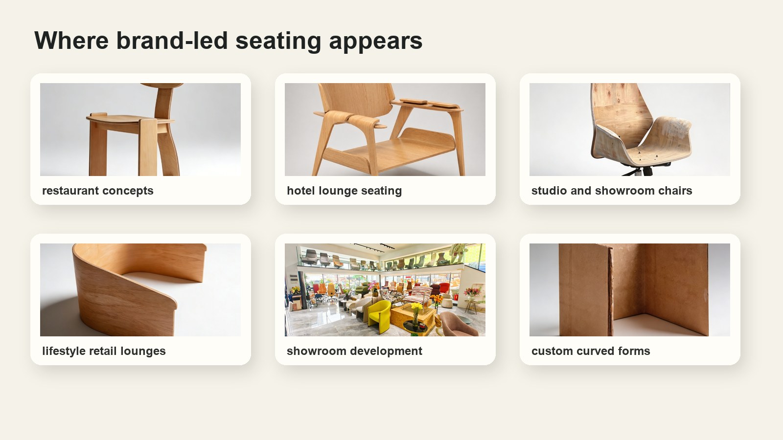 Brand-led hotel restaurant retail seating with molded plywood chair parts