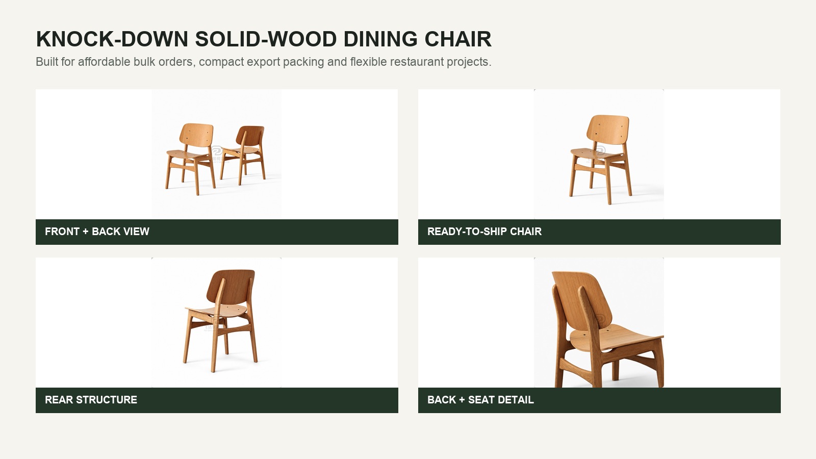 Four views of a knock-down wooden dining chair for bulk furniture projects.