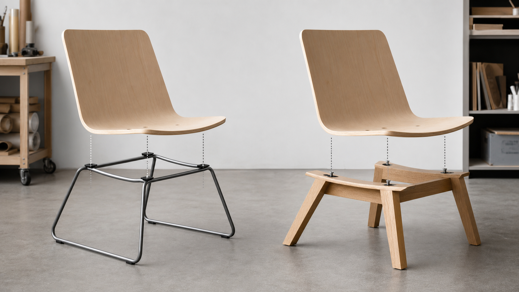 Molded plywood chair shells being fitted to metal and solid wood support frames