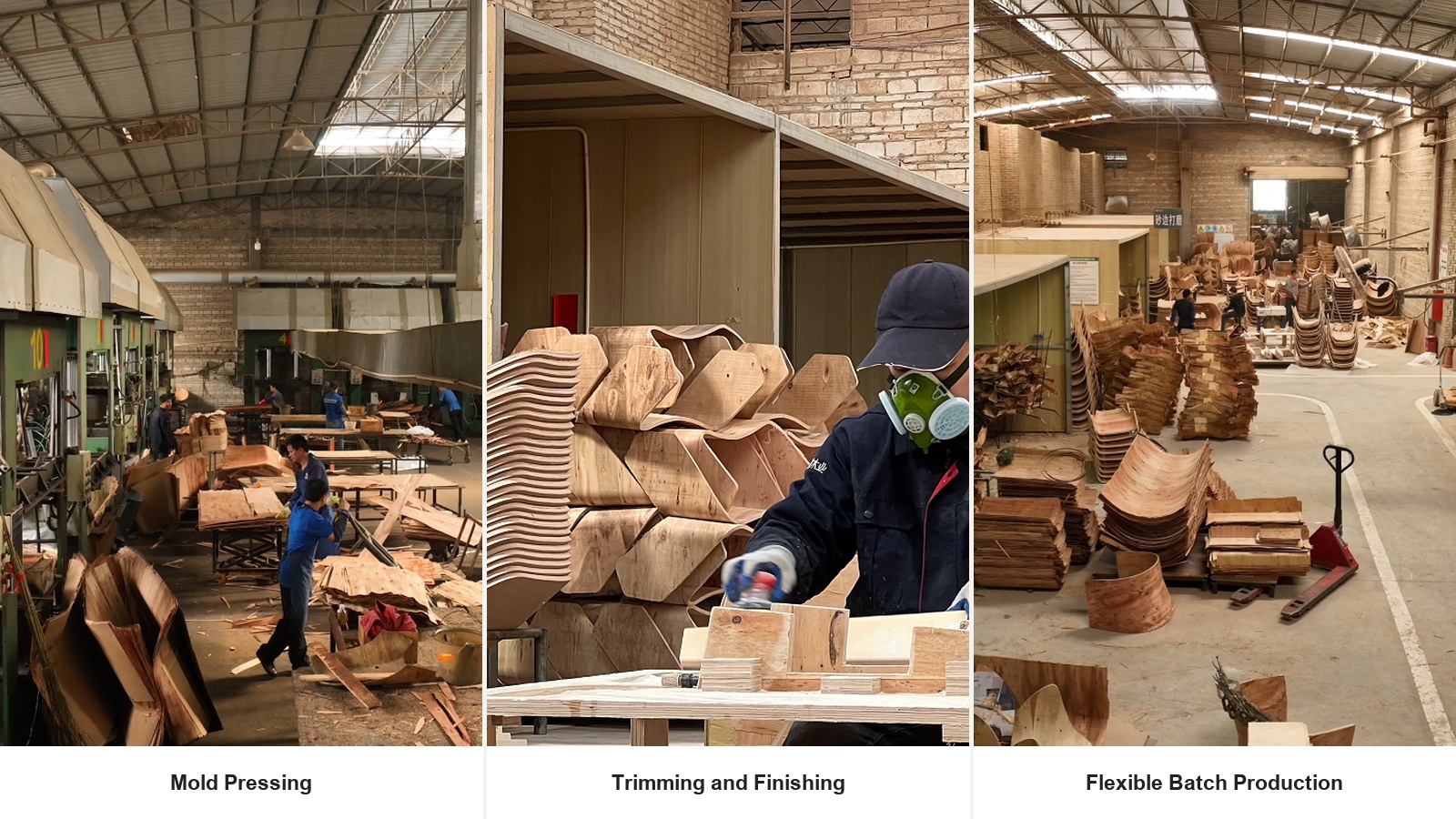 DALI molded plywood pressing, trimming, finishing and flexible batch production workshops.
