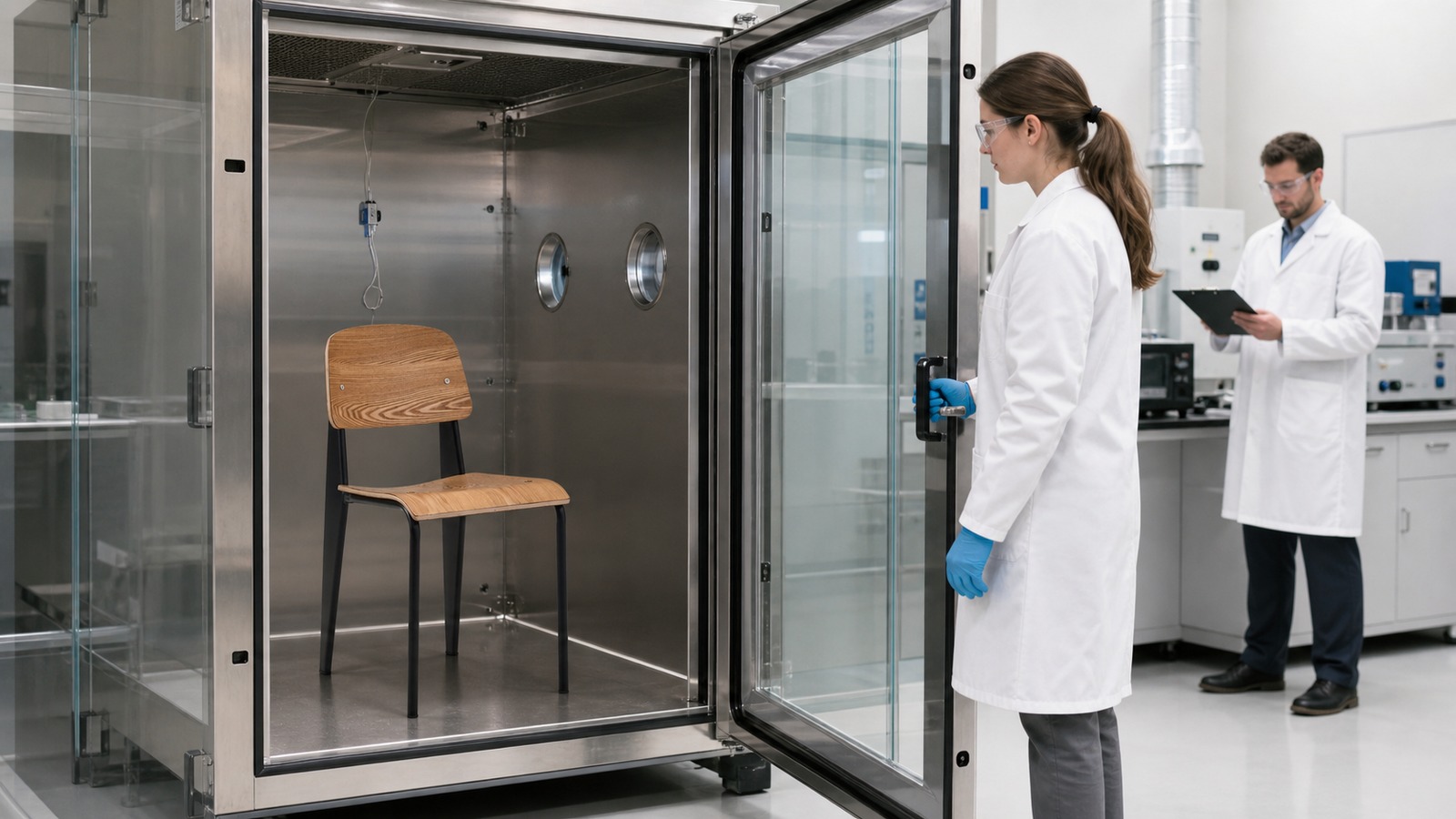 Complete plywood chair prepared for formaldehyde emissions testing in an environmental chamber.