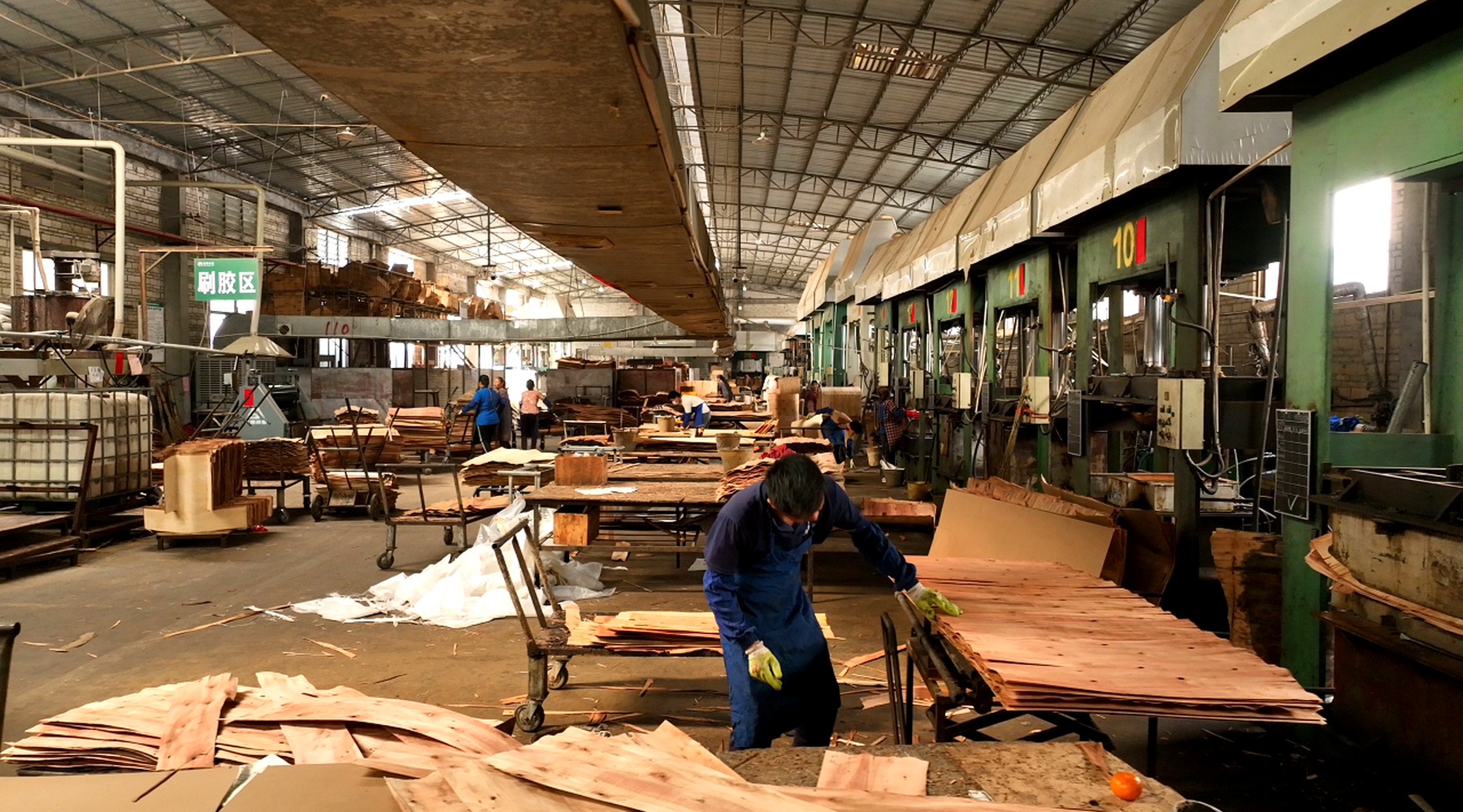Molded plywood chair components in DALI production workshop.