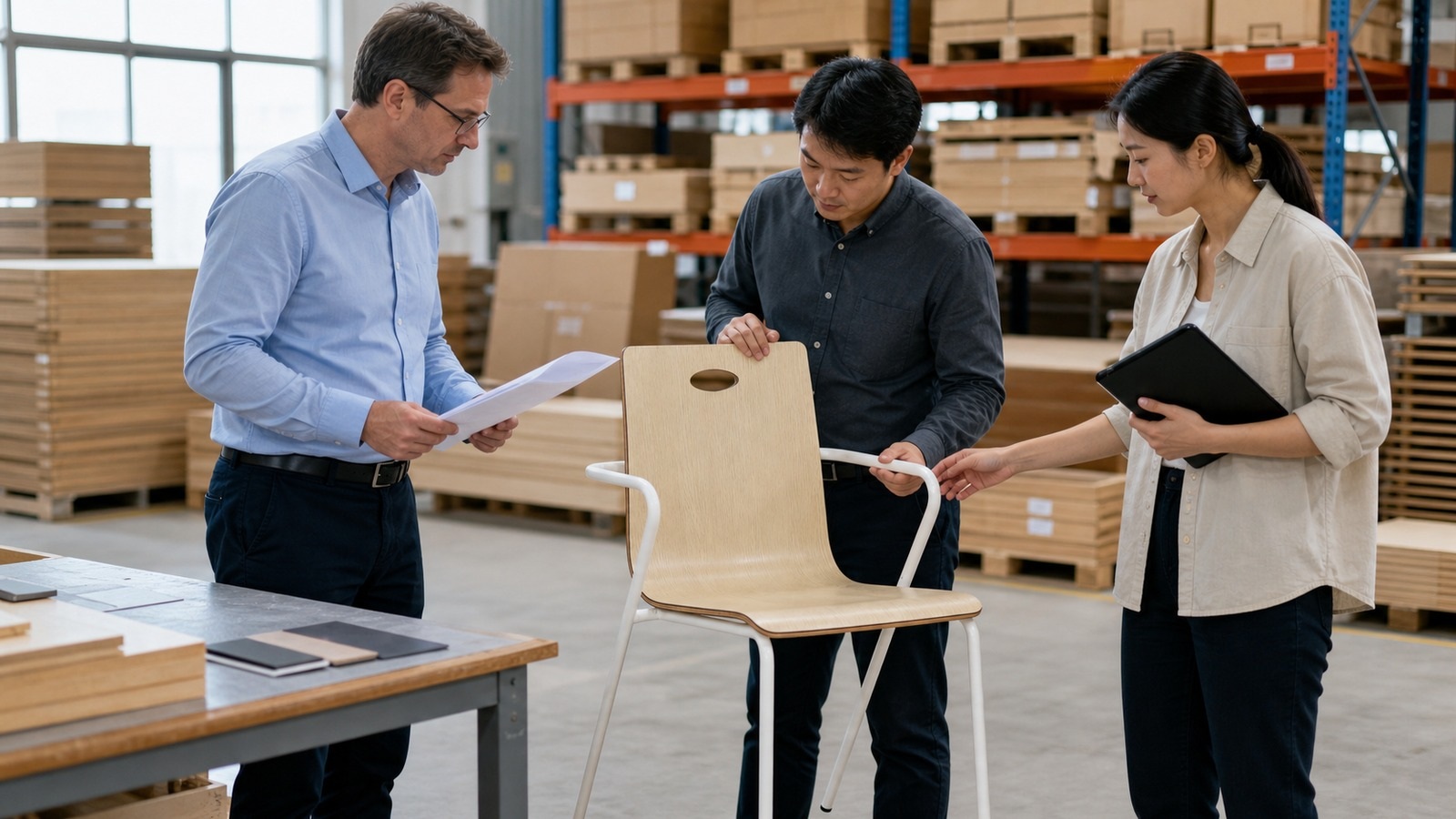 International buyer and factory team reviewing a real plywood armchair sample in a warehouse.