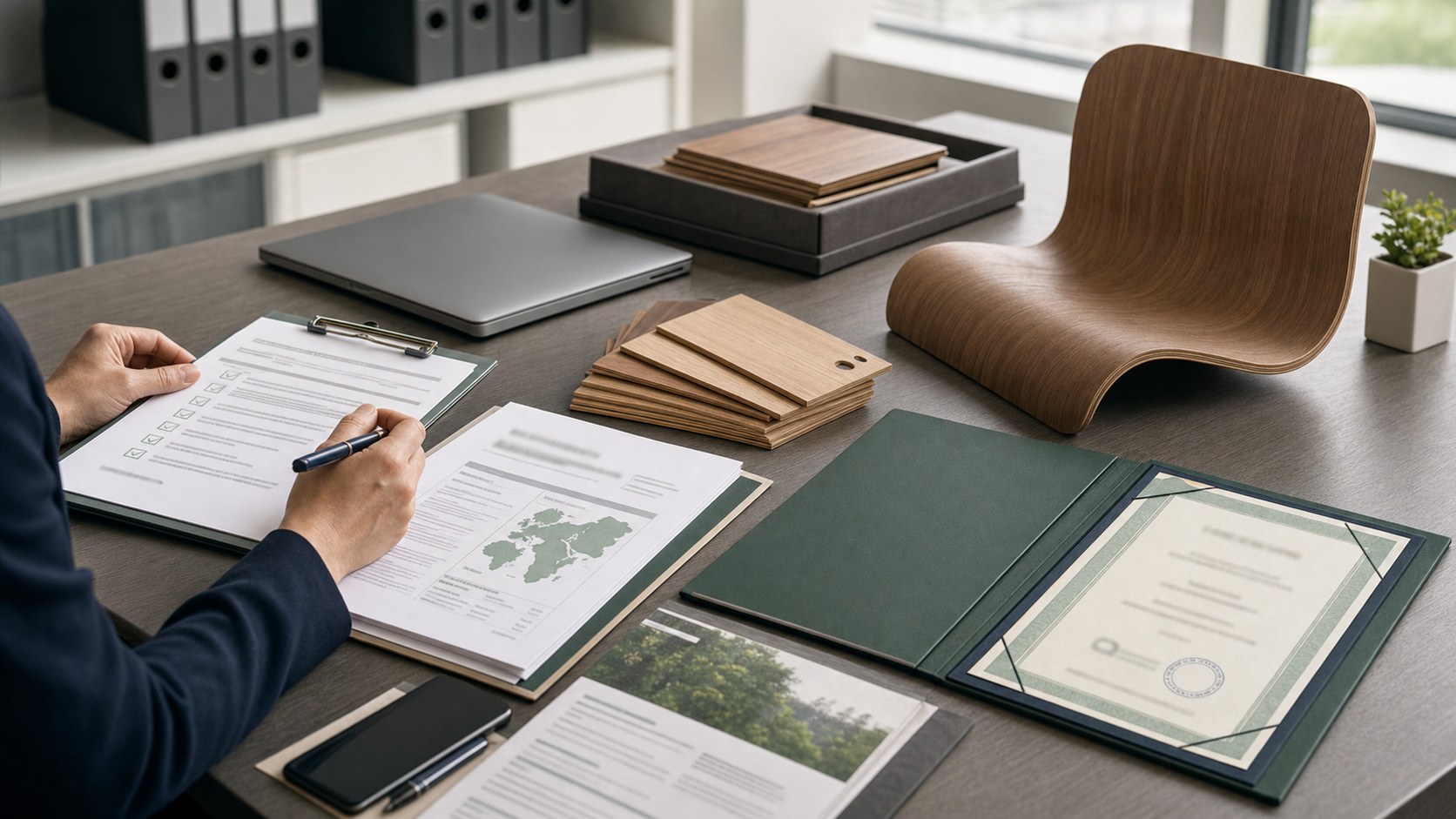 Furniture sourcing desk with wood traceability documents and molded plywood chair shell samples.
