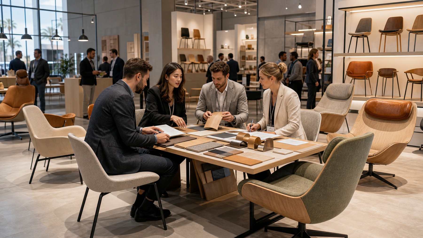 AI-generated furniture market sourcing scene with buyers reviewing new chair samples and material boards.
