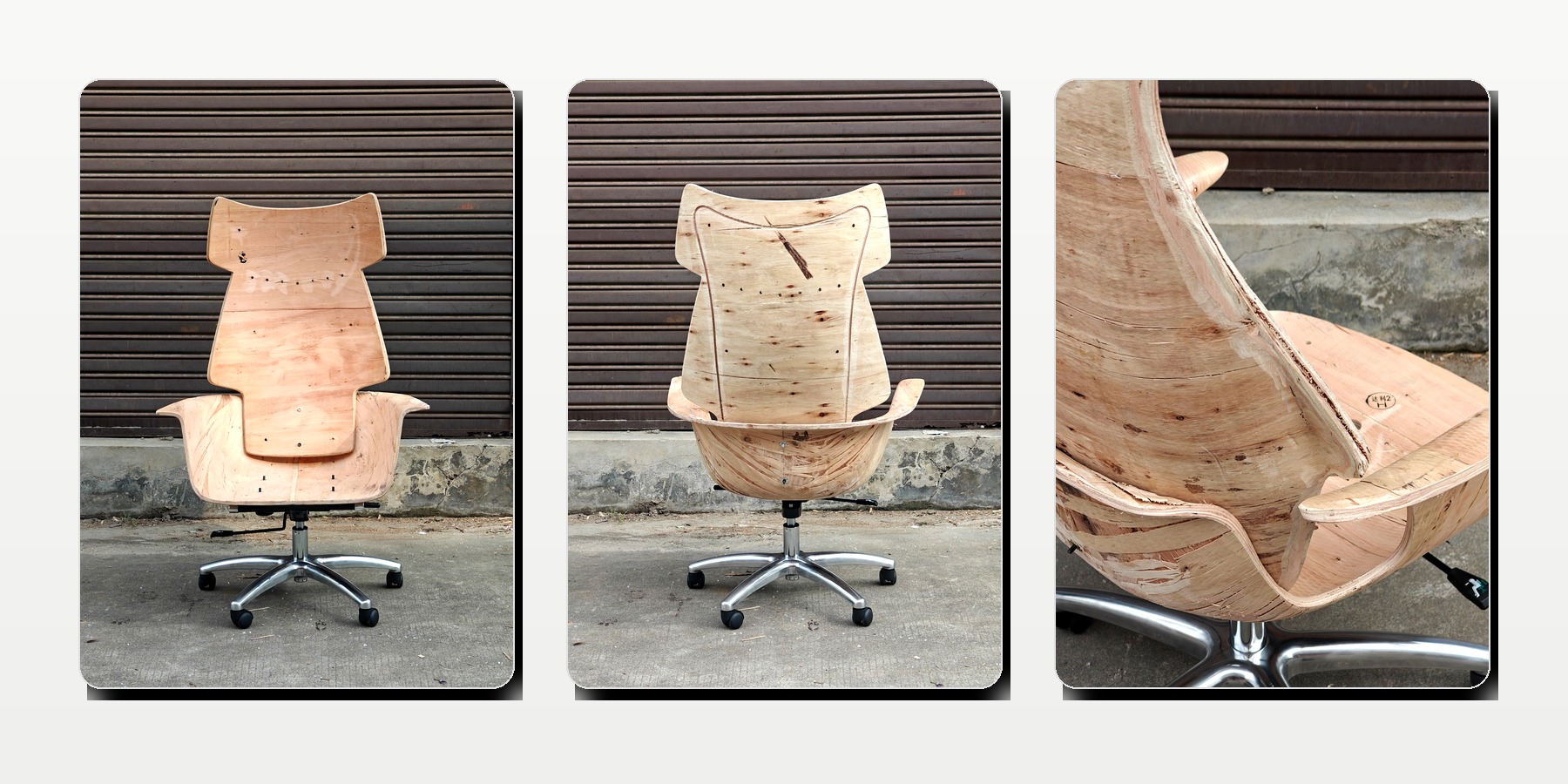 Office chair bent plywood shells with curved backs and integrated seat structures.
