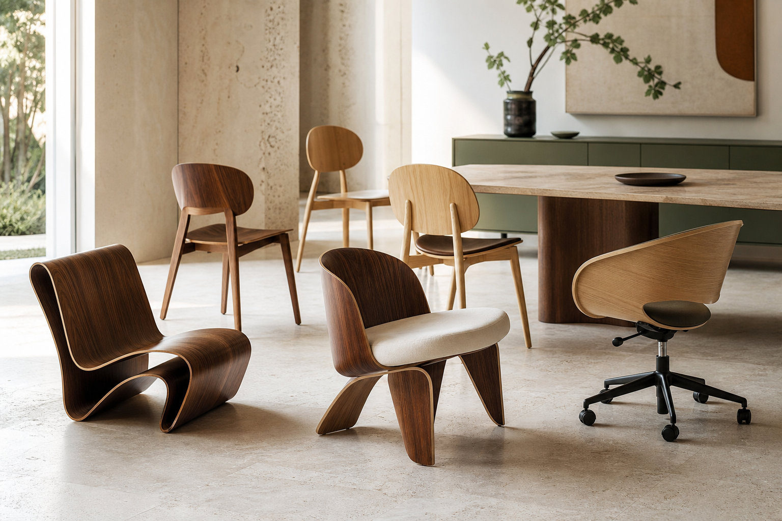 Curved plywood lounge, dining and office furniture in a quiet luxury interior for the July 2026 buying season.