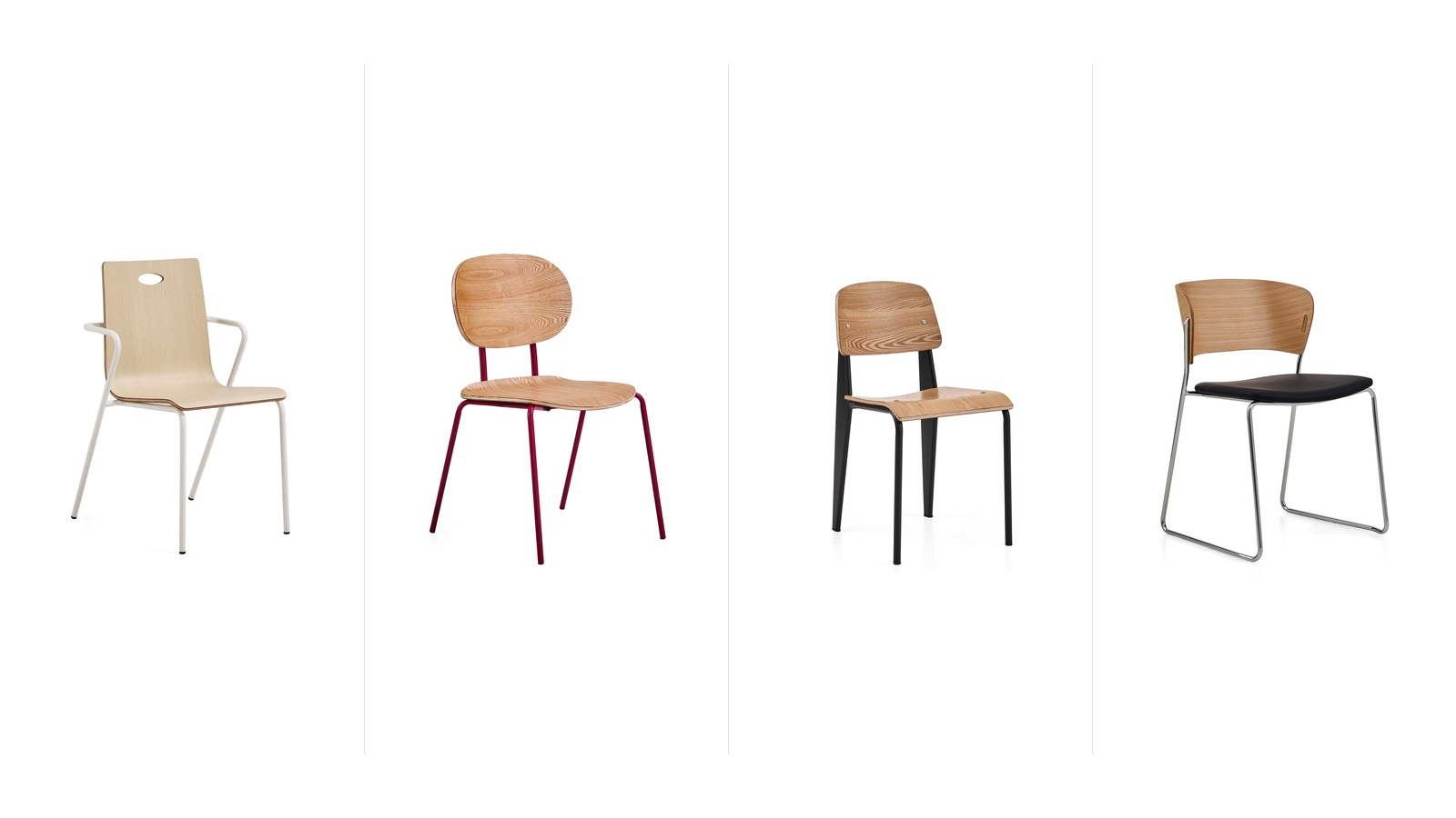Four real DALI plywood chair options with handhold, four-leg and sled-base configurations.