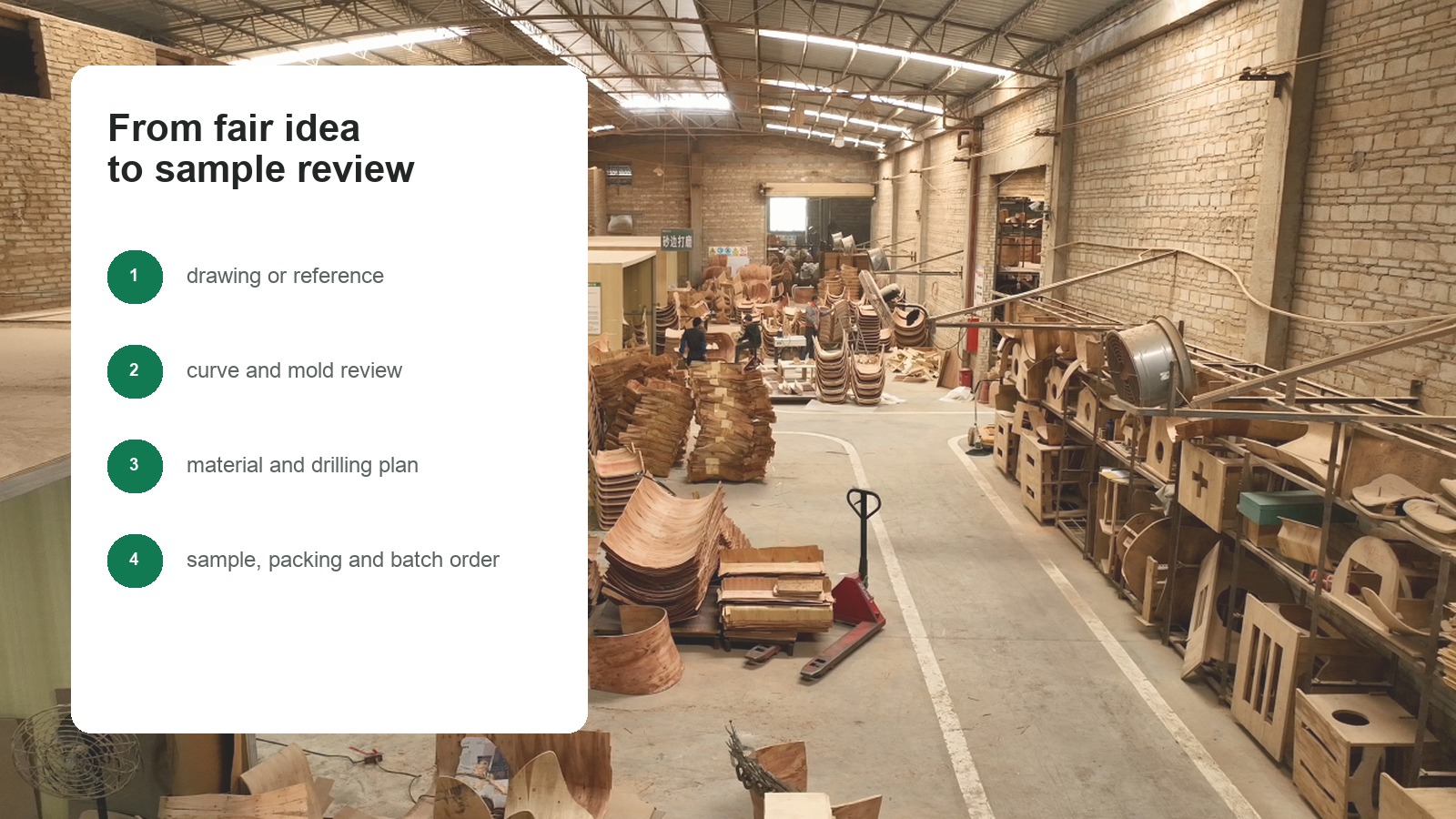 Fast sampling and mold review process for bent plywood chair components.
