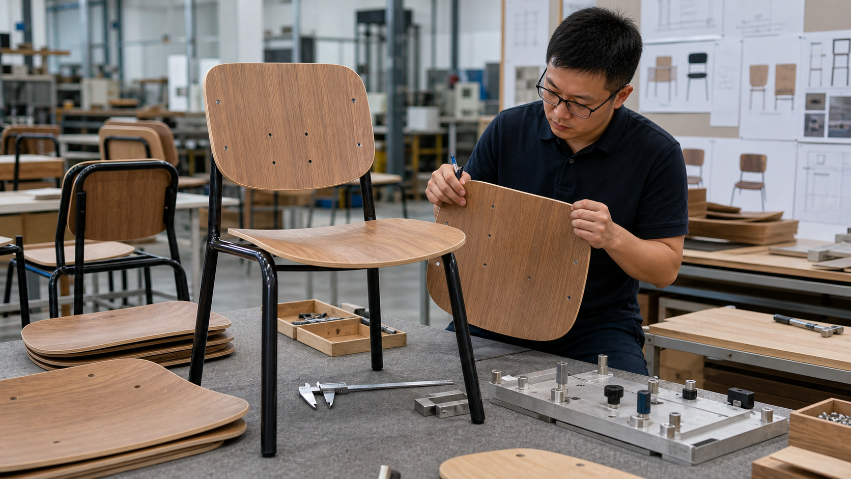 Sample confirmation and drilling position verification for molded plywood chair backs