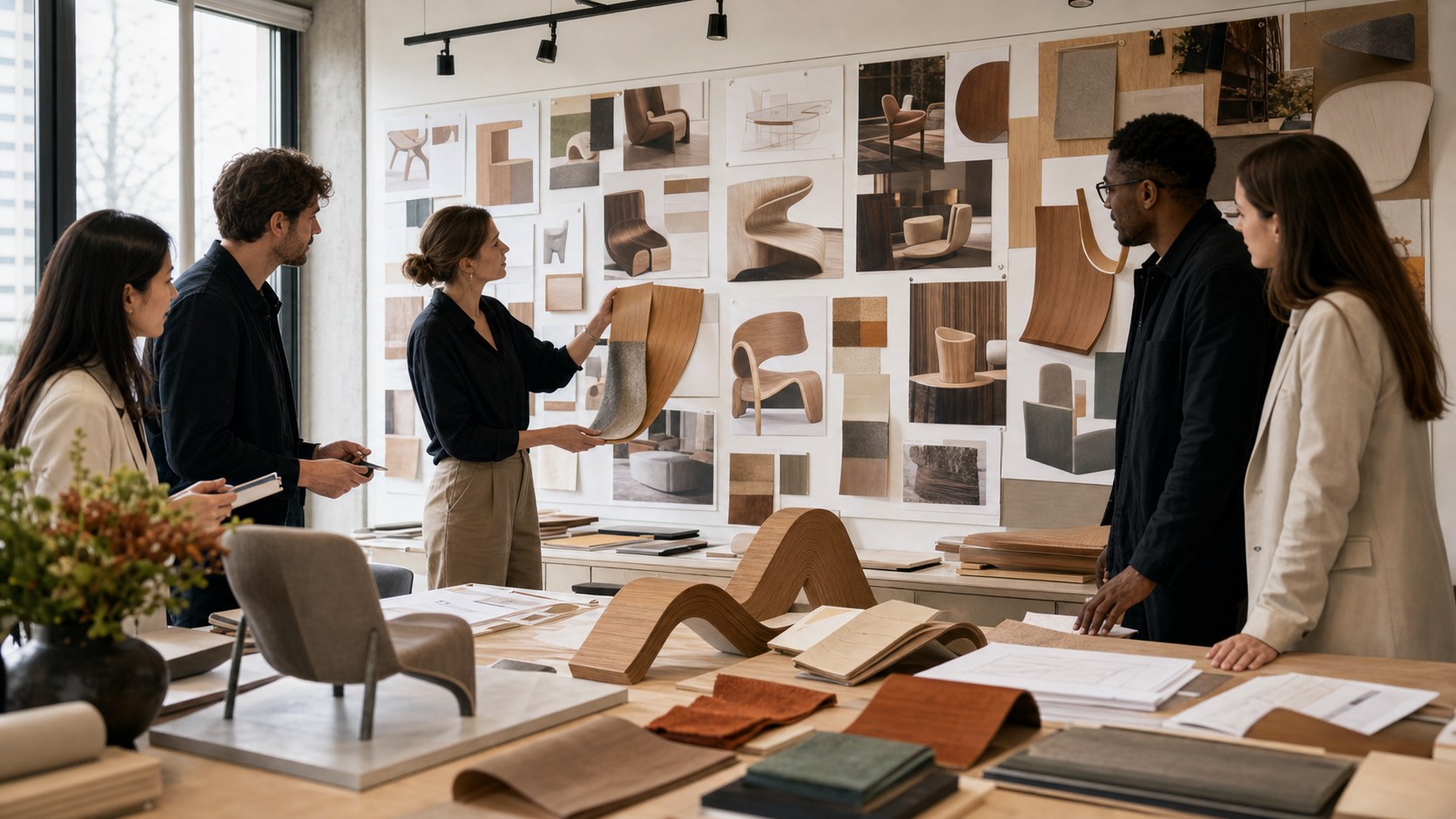 International furniture buyers reviewing July 2026 curved furniture trends and bent plywood chair samples.