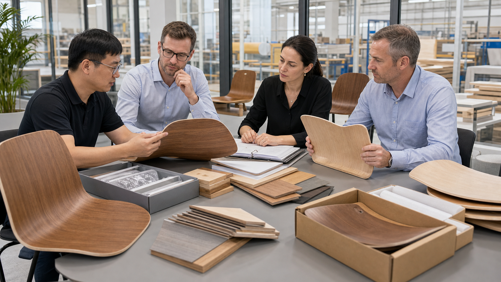 International buyers inspecting molded plywood samples during a supplier audit