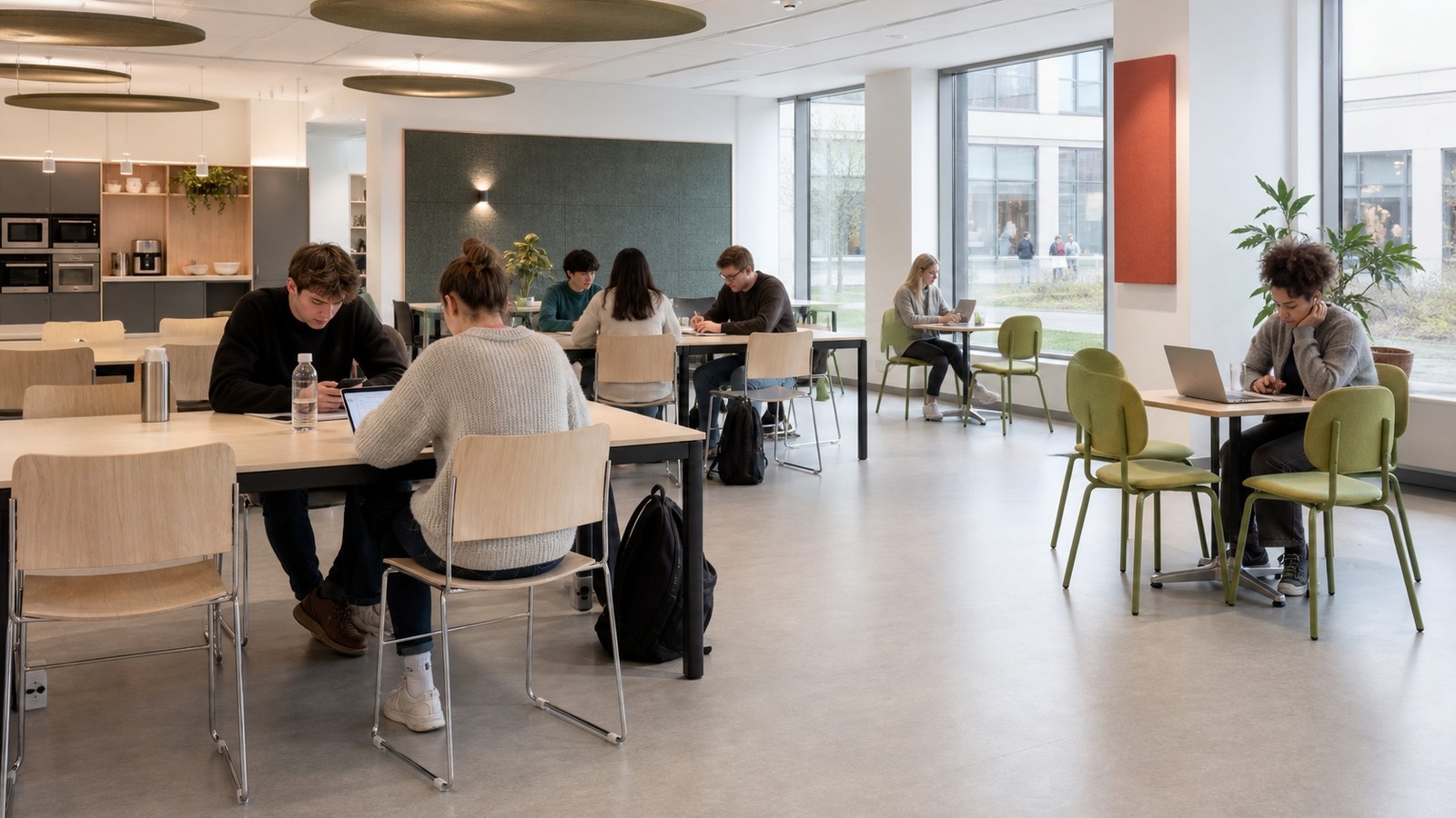 Flexible UK and Nordic style campus eat-study space with plywood and upholstered dining chairs.