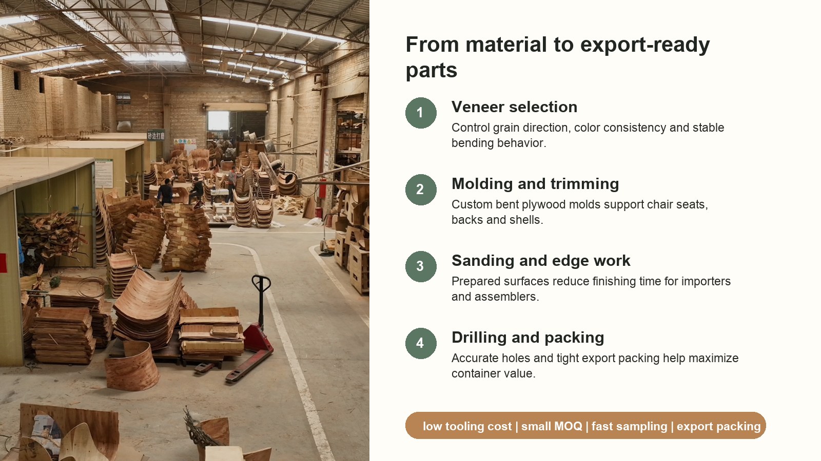 DALI molded plywood chair backs production workflow from veneer to export packing