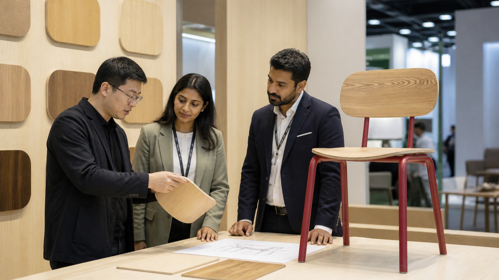 Indian furniture buyers and a Chinese plywood engineer discussing a chair sample and technical drawing at a trade fair.