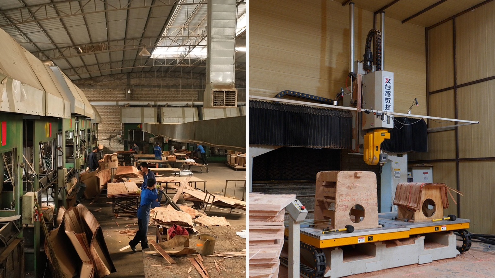 DALI molded plywood pressing workshop and CNC machining equipment for repeatable chair production.