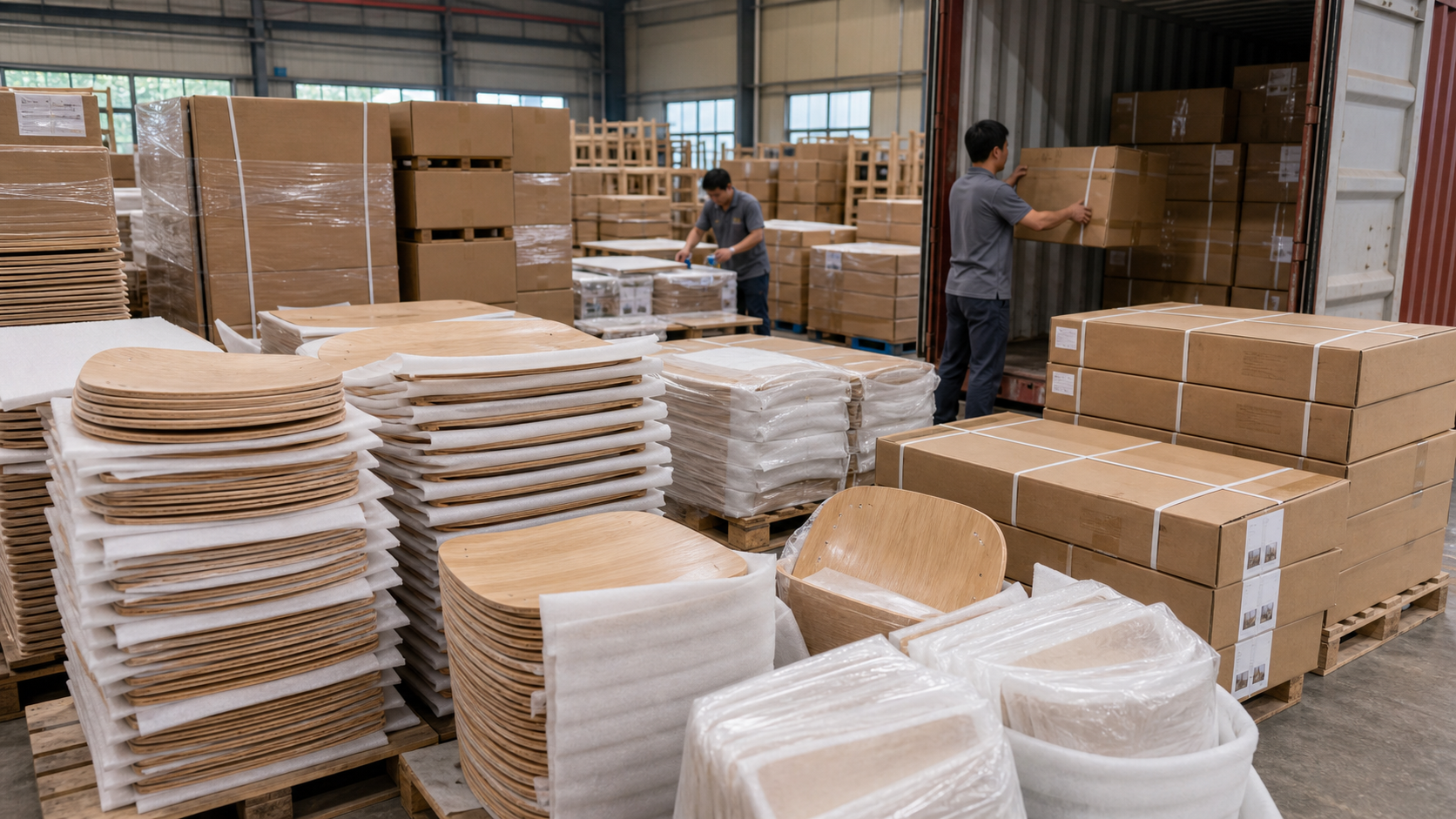 Export packing for molded plywood chair components