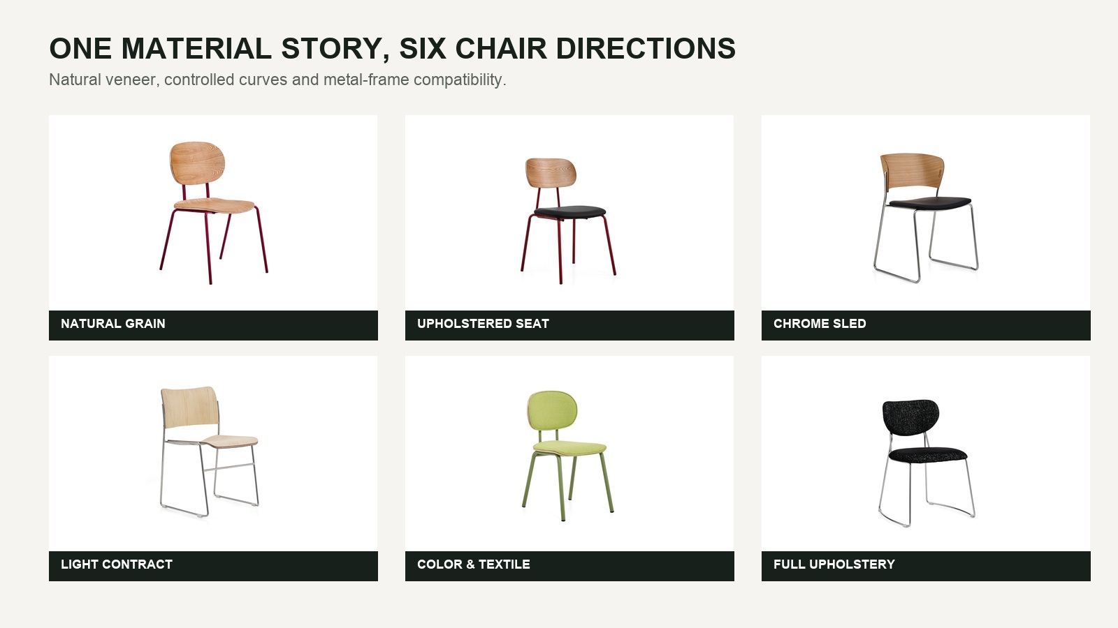 Six real DALI chair directions combining natural veneer, metal frames, upholstery and soft geometry.