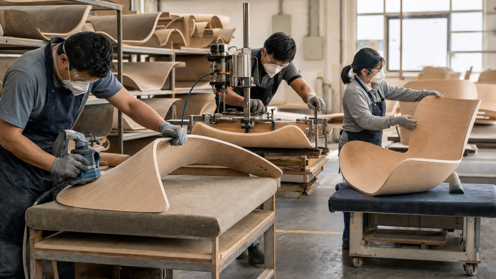 Factory team trimming edges, aligning drilling fixtures and checking large curved plywood shells