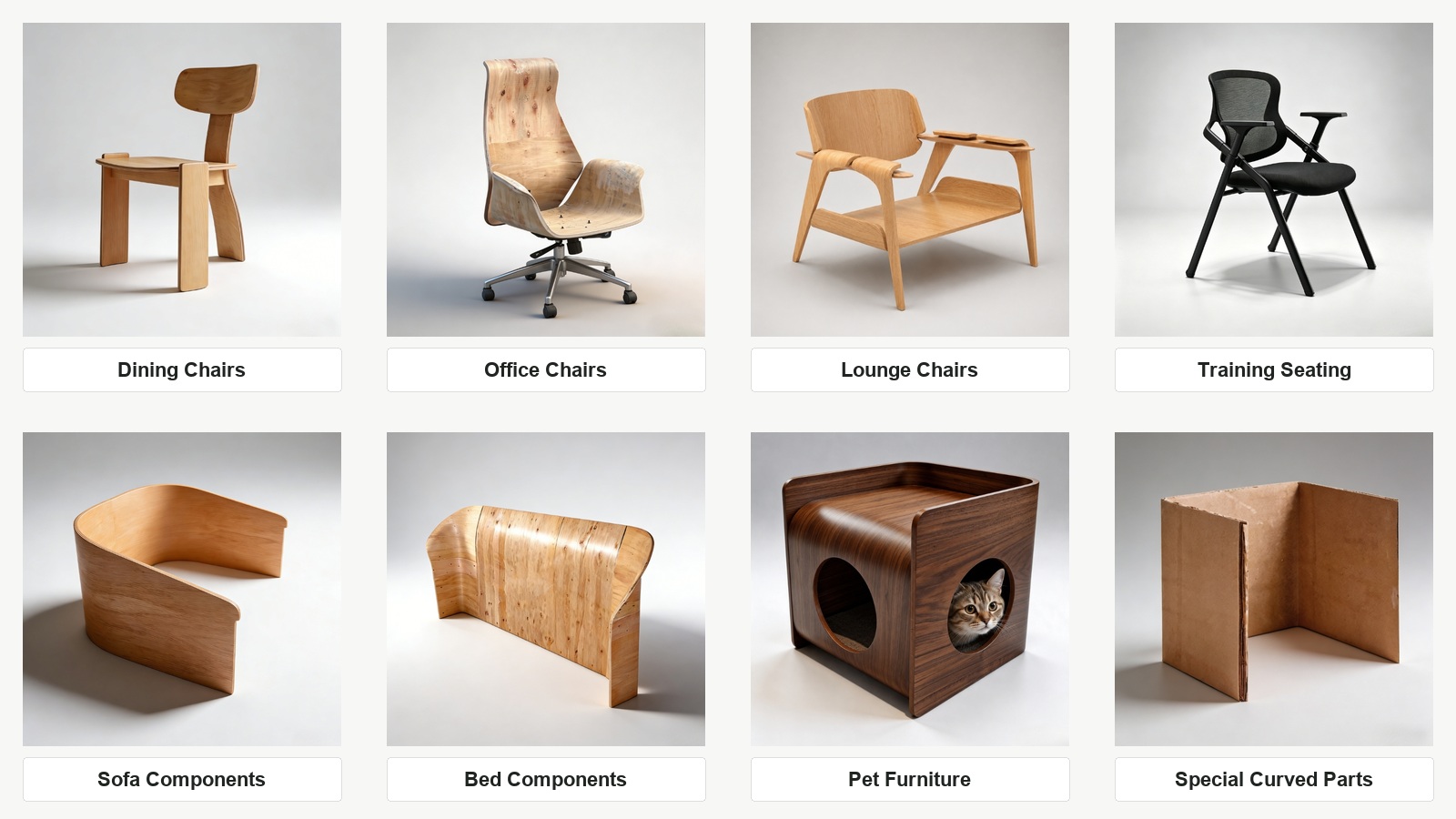 Eight DALI custom molded plywood categories for dining chairs, office chairs, lounge chairs, training seating, sofas, beds, pet furniture and special curved parts.
