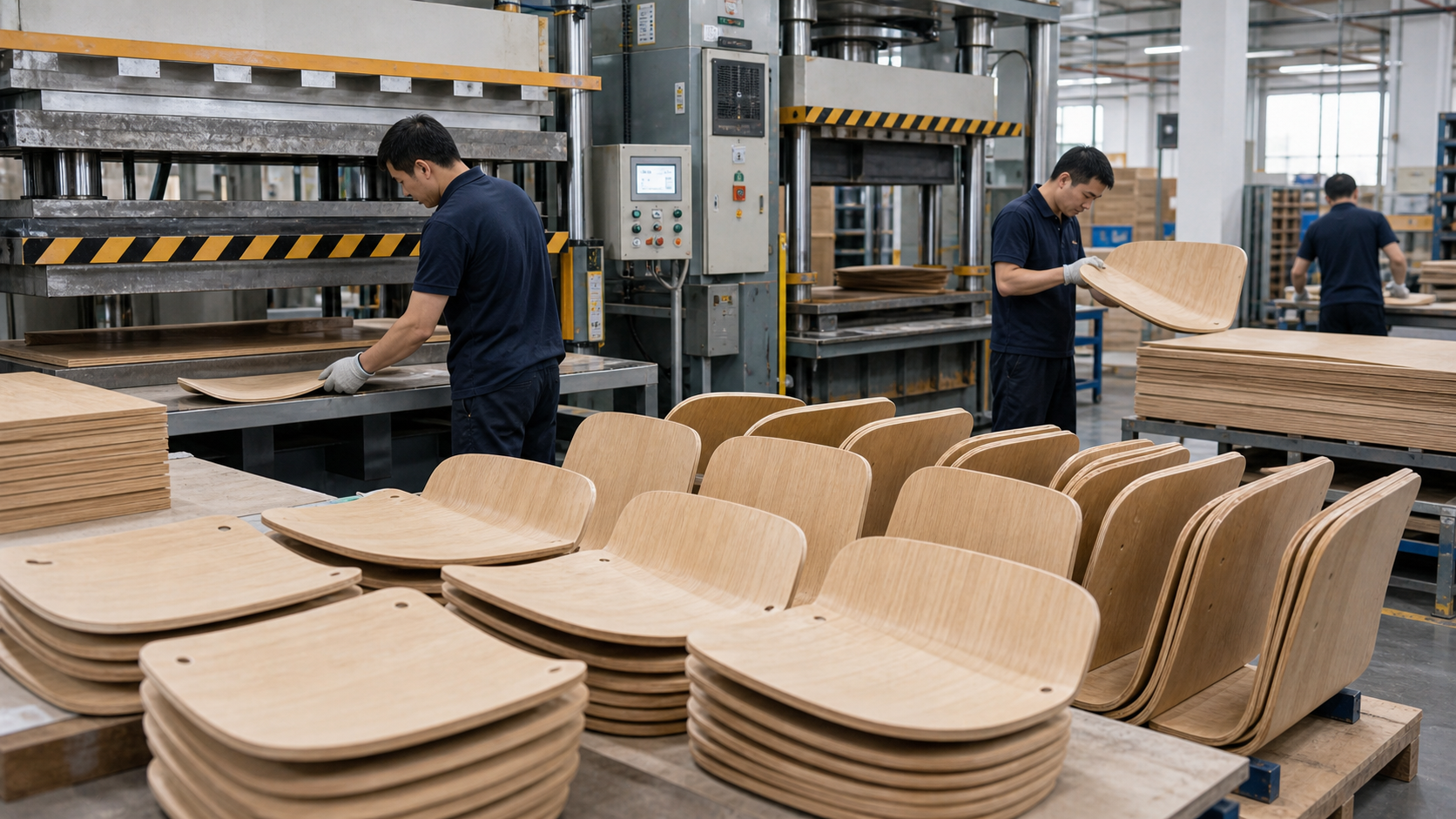 Hot press molding process for curved plywood dining chair seats