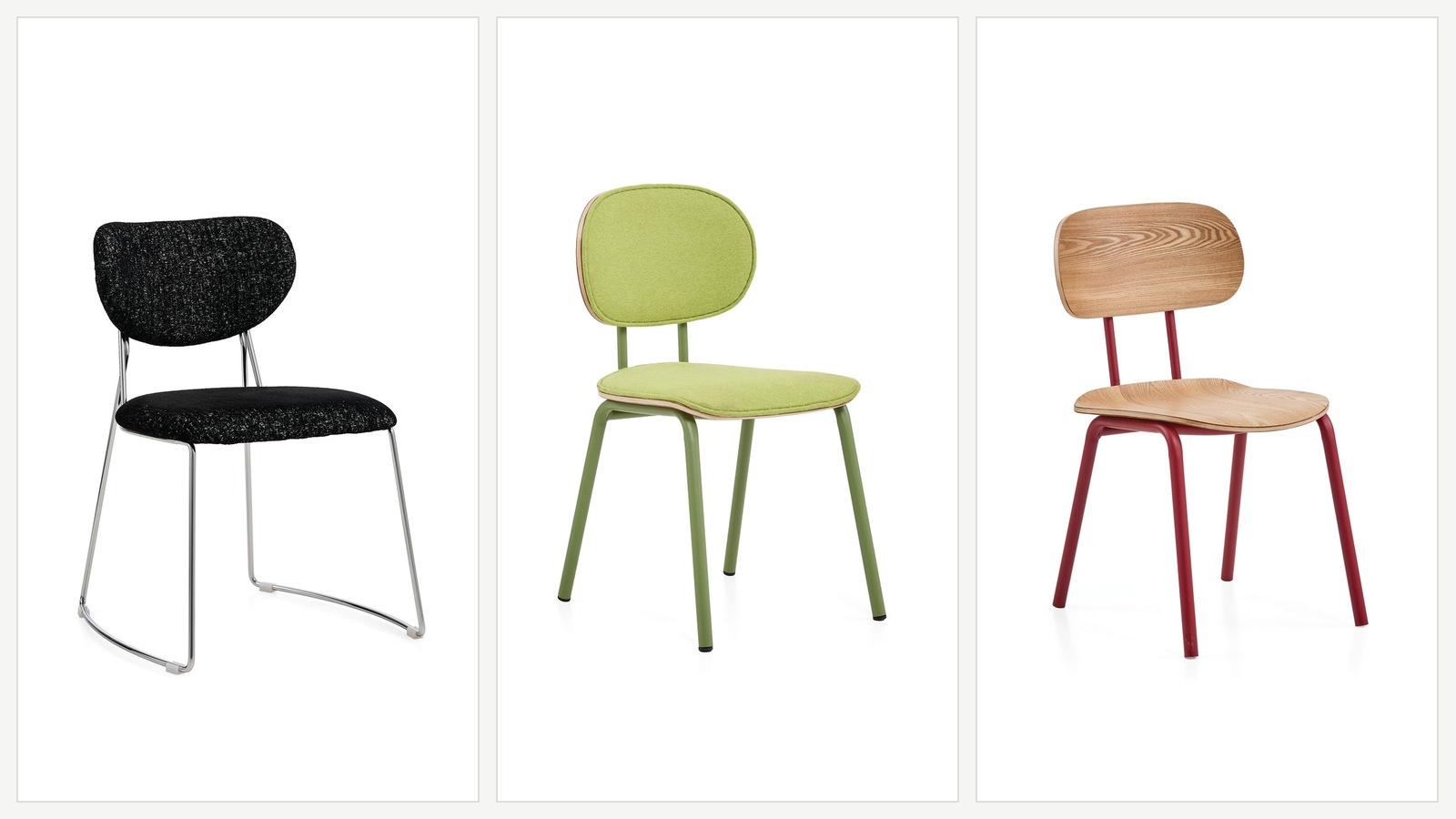 DALI chair examples comparing black upholstery, green upholstery and natural wood finishes.