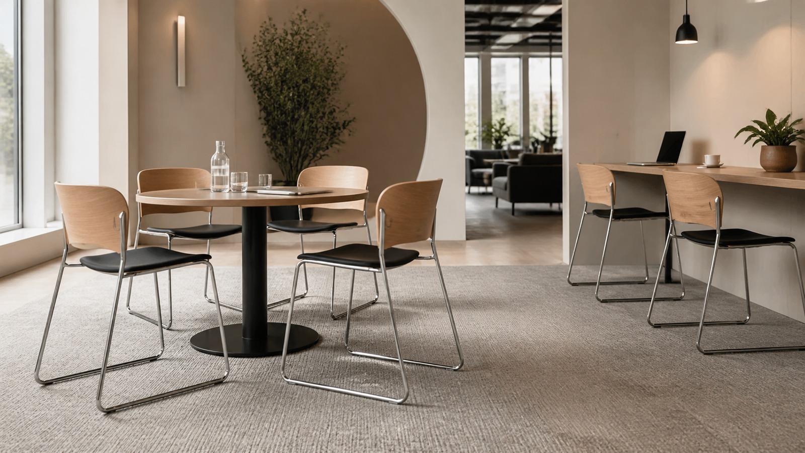 Natural veneer chairs with black padded seats and chrome sled frames in a modern workplace meeting area.