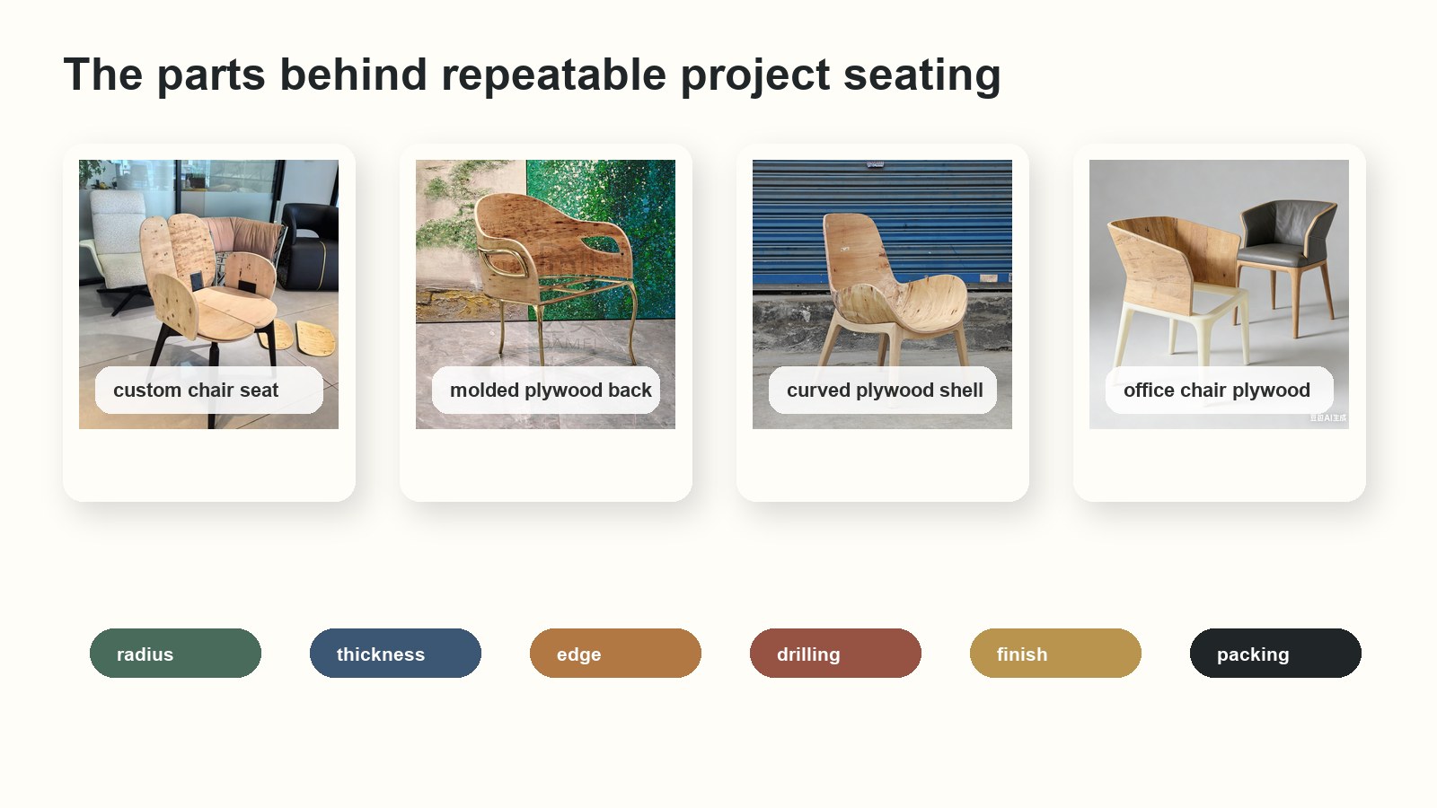 Repeatable custom bent plywood chair components including molded plywood backs and seats