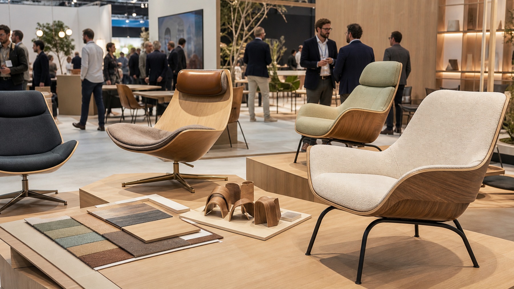 AI-generated European furniture fair concept image with new curved plywood lounge chair designs.