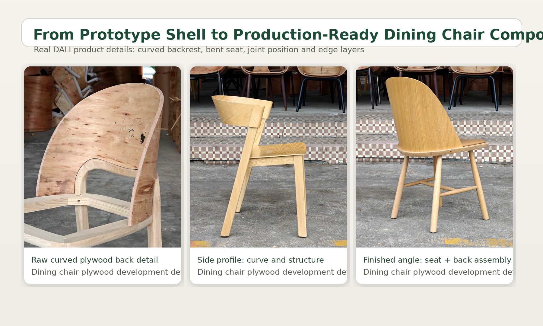 Raw curved plywood dining chair back and seat shell details from DALI Wood.