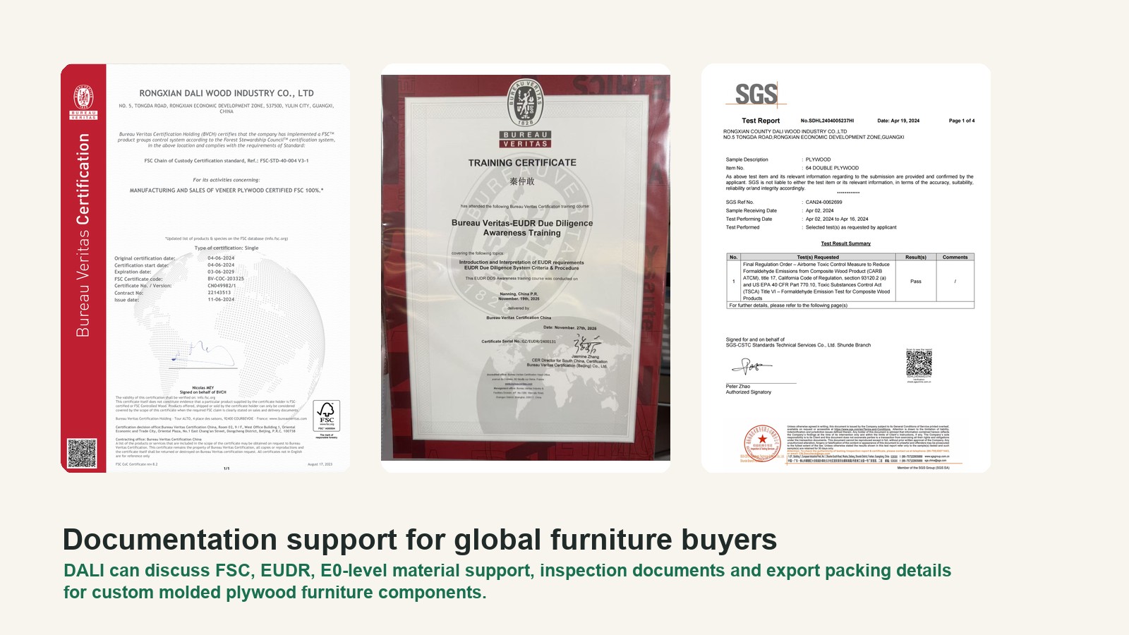 FSC EUDR E0 support for global sustainable bent plywood furniture components.