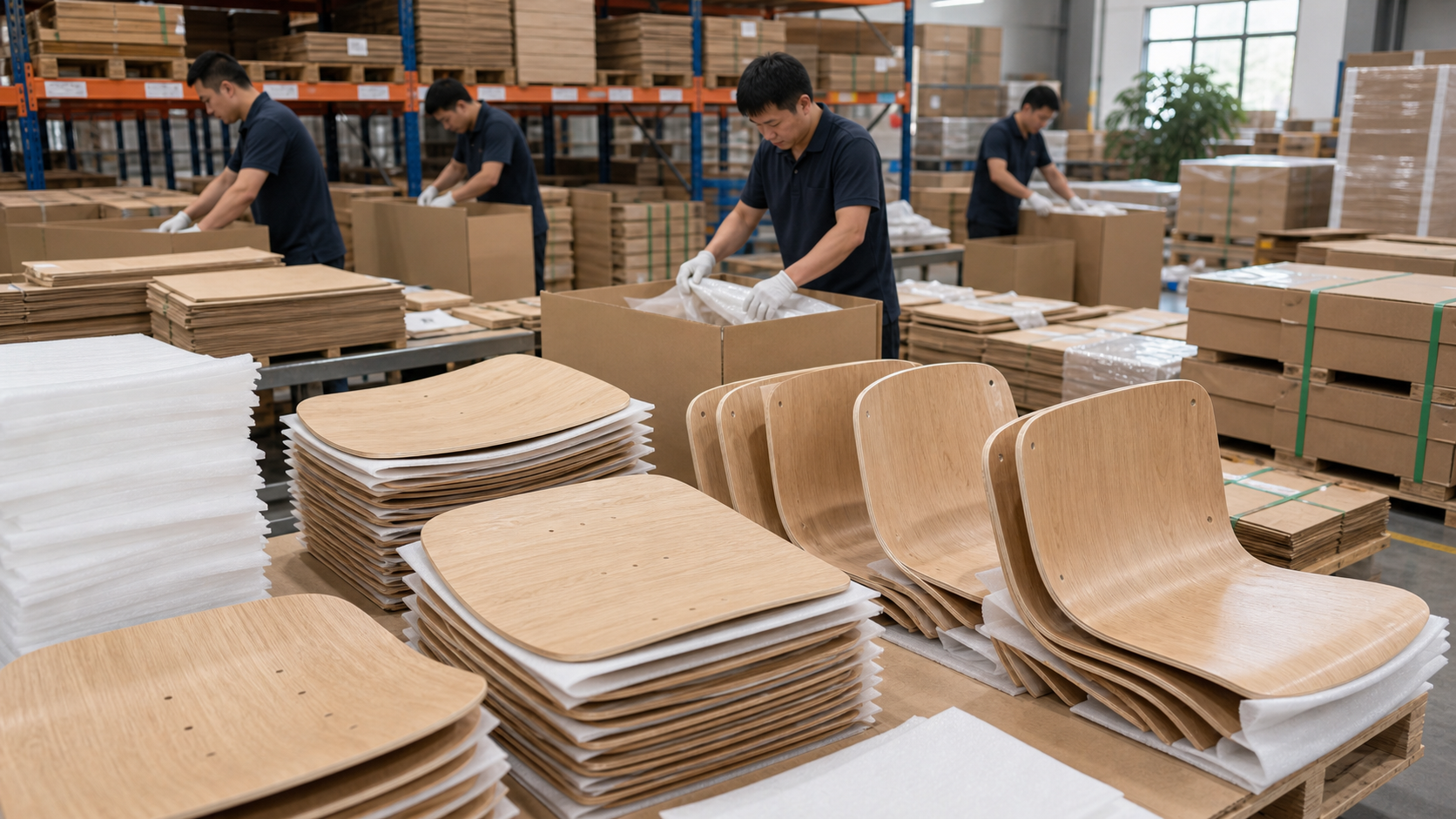 Export packing for mass-produced curved plywood chair components