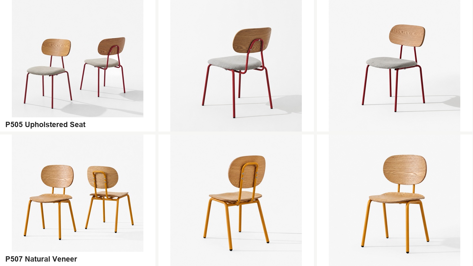 P505 upholstered-seat chair and P507 exposed natural veneer dining chair shown from three angles.