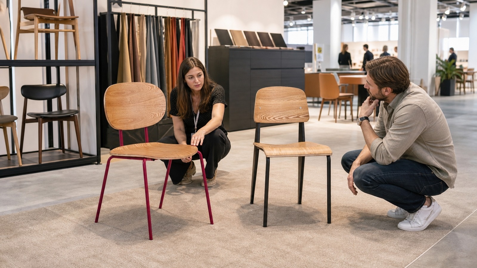 Furniture buyers comparing realistic plywood dining chair samples during a summer wholesale market.