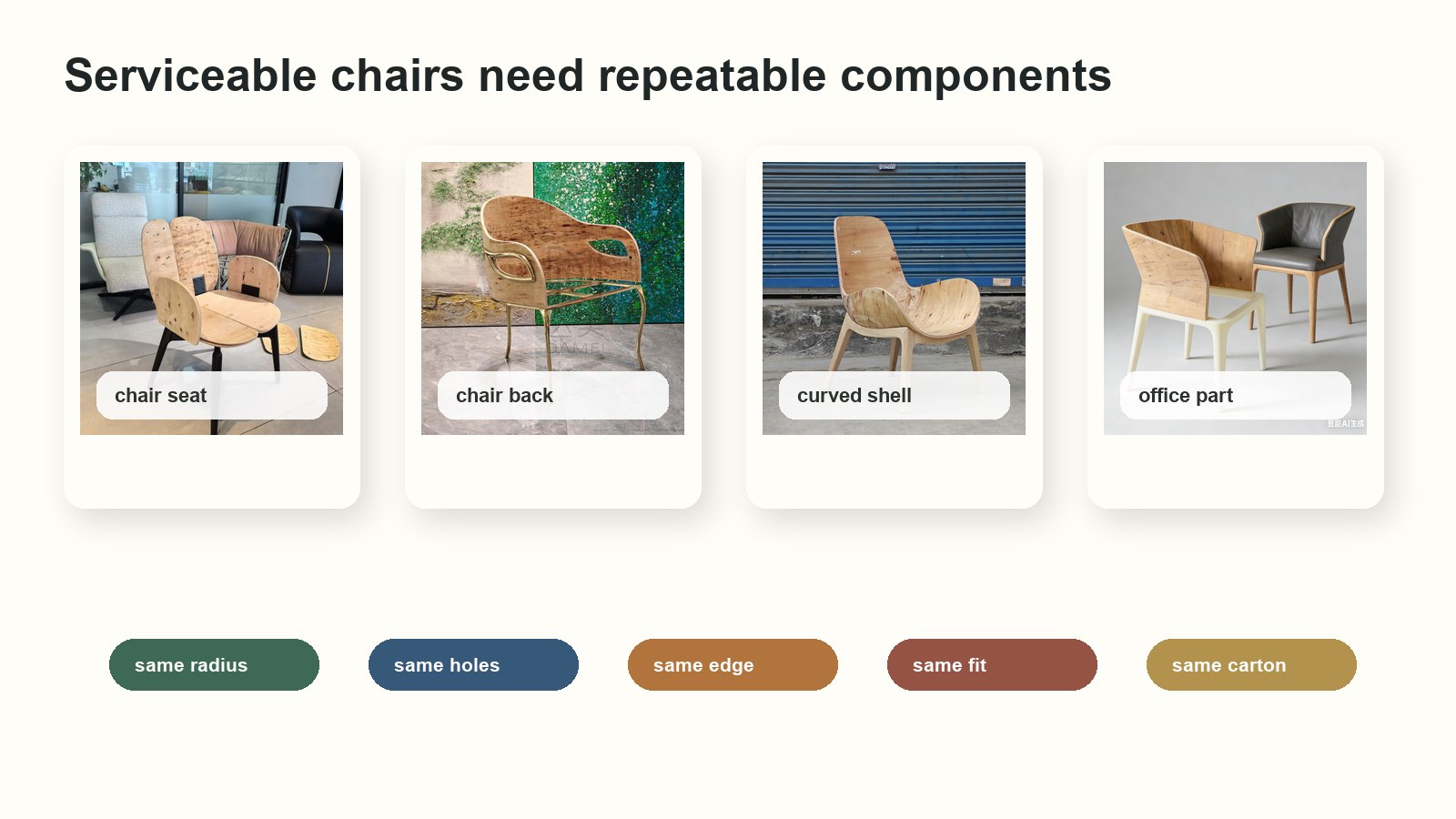 Replaceable plywood chair seats and molded plywood chair backs for serviceable chairs