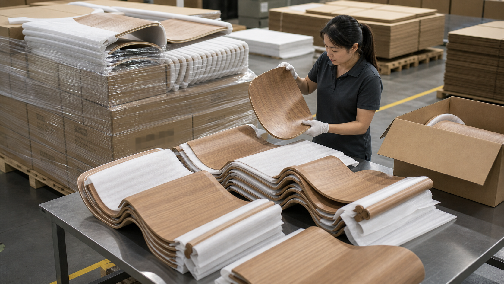 Molded plywood chair components protected with foam and dividers in an export packing area.