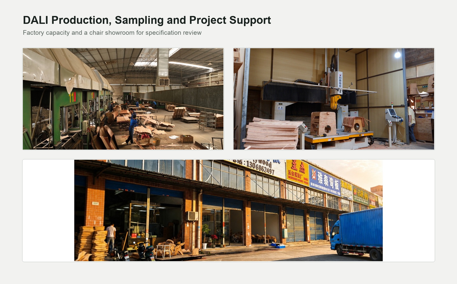 DALI plywood chair production workshops and showroom supporting campus seating projects.