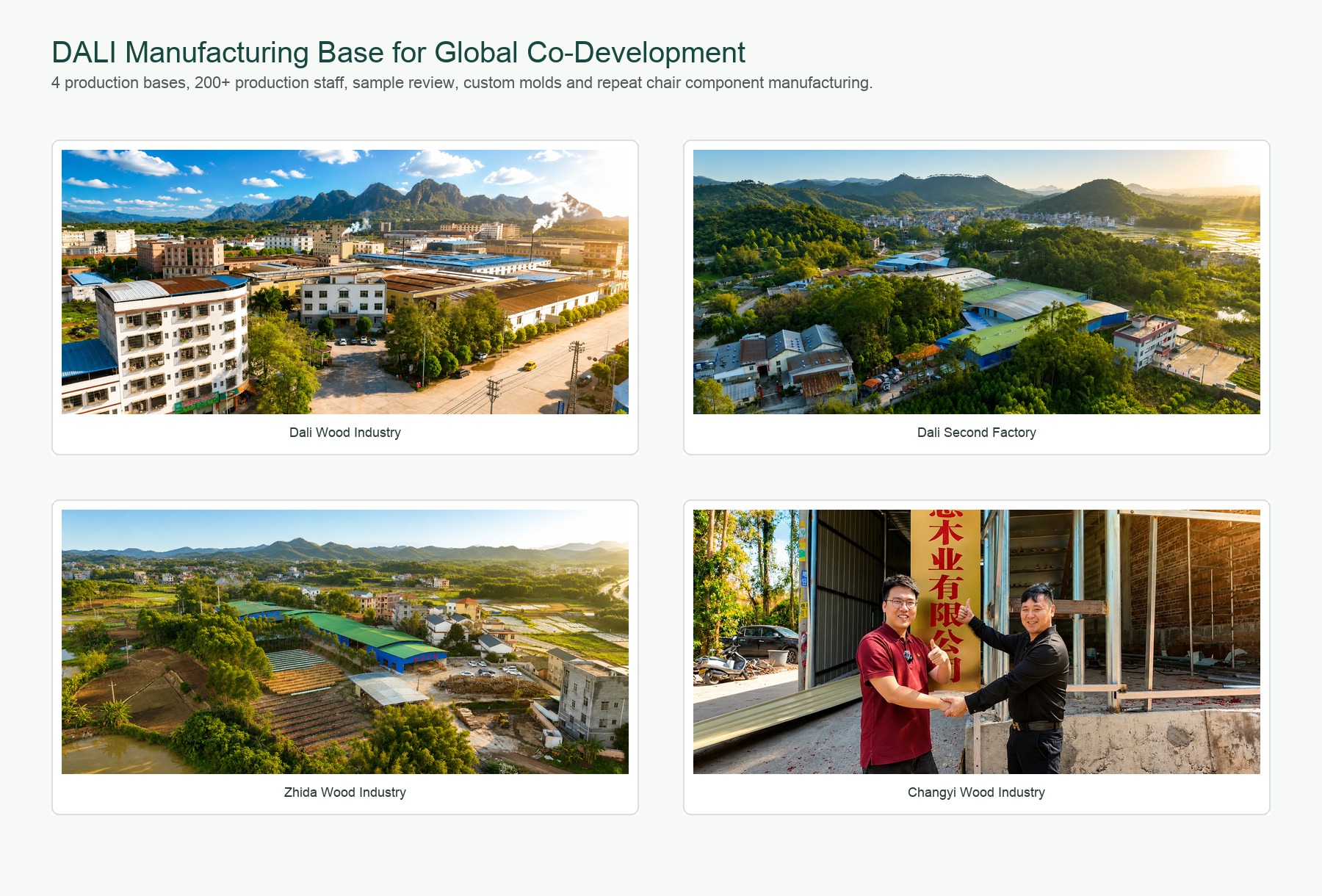 DALI Plywood four production bases for global chair co-development and molded plywood manufacturing.