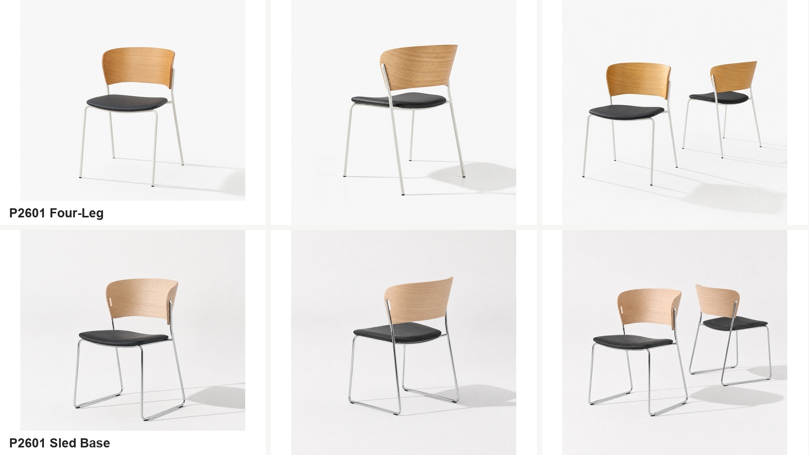 P2601 four-leg and sled-base natural veneer dining chairs shown from three angles.