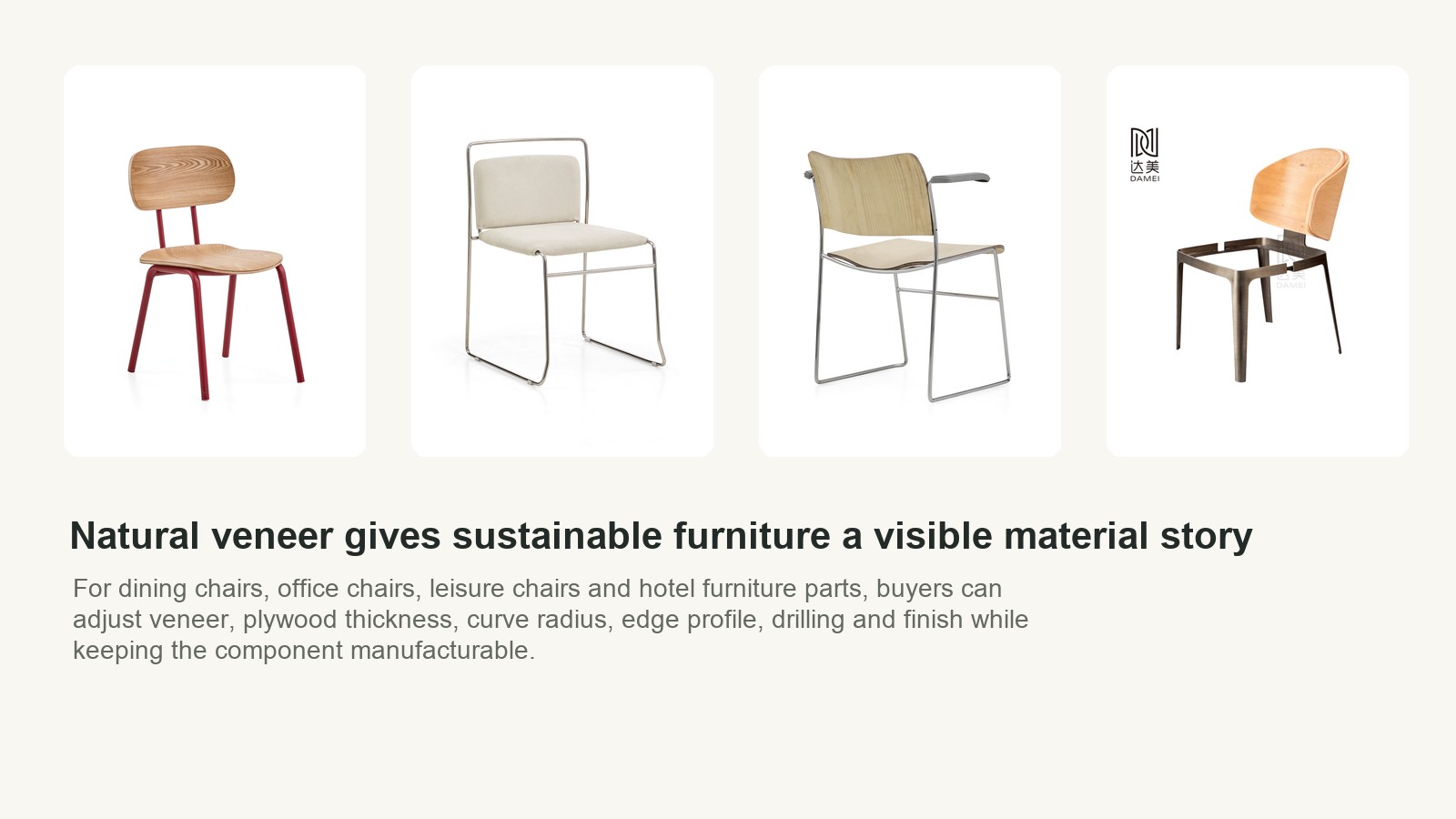 Natural veneer molded plywood chair parts with real wood texture for sustainable furniture.