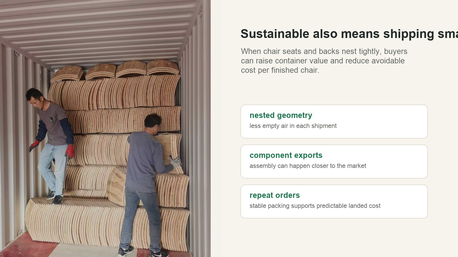 Export packing and nested bent plywood chair components improving container value.