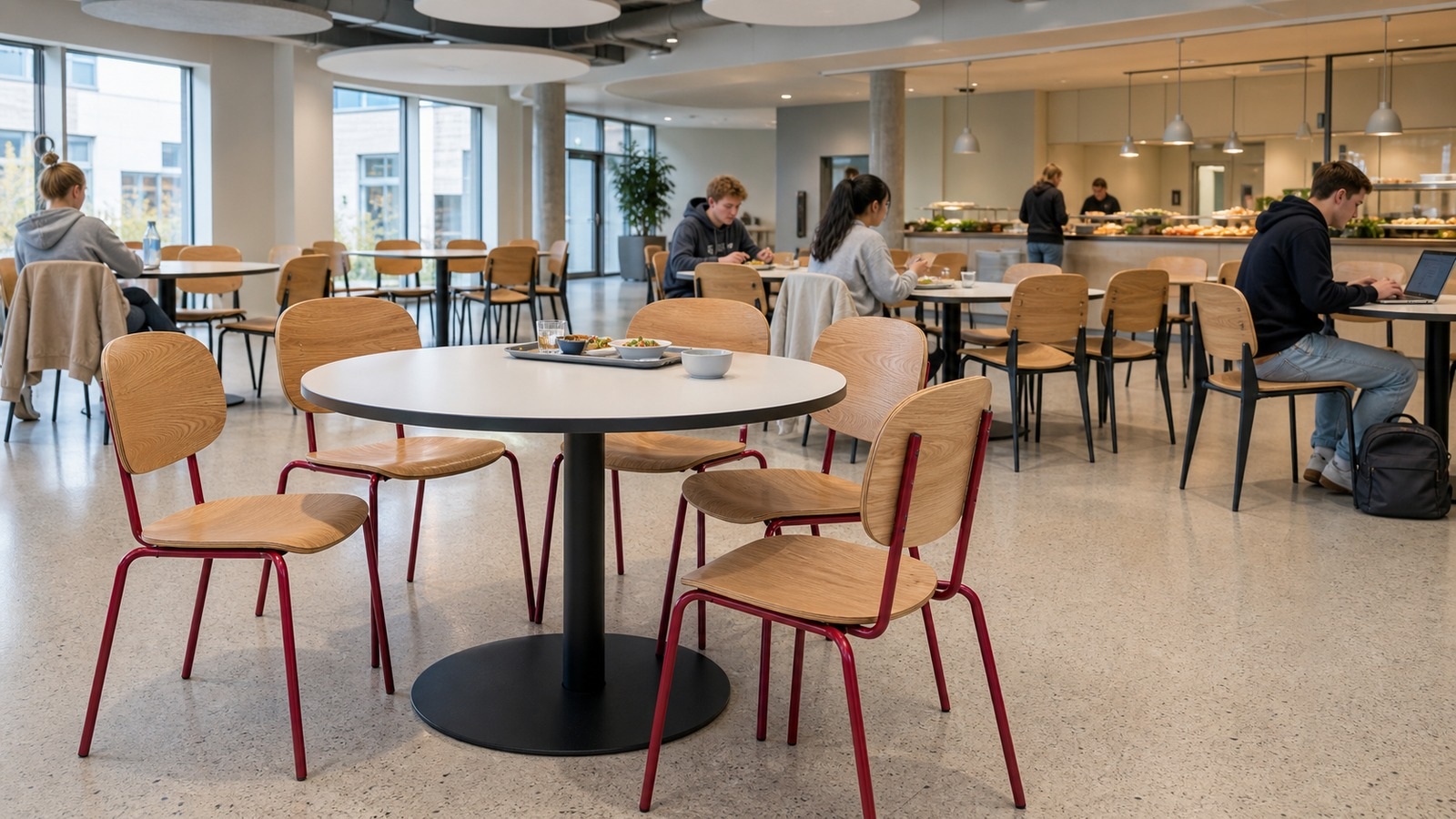 European university cafeteria with red and black metal-frame plywood dining chairs used by students.