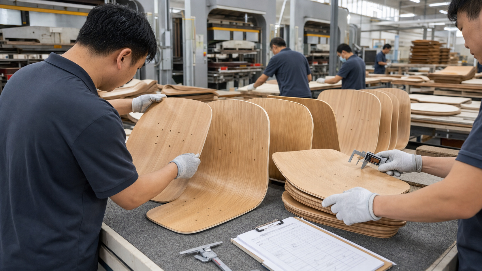 Factory inspection of molded plywood chair backs and seats for batch consistency