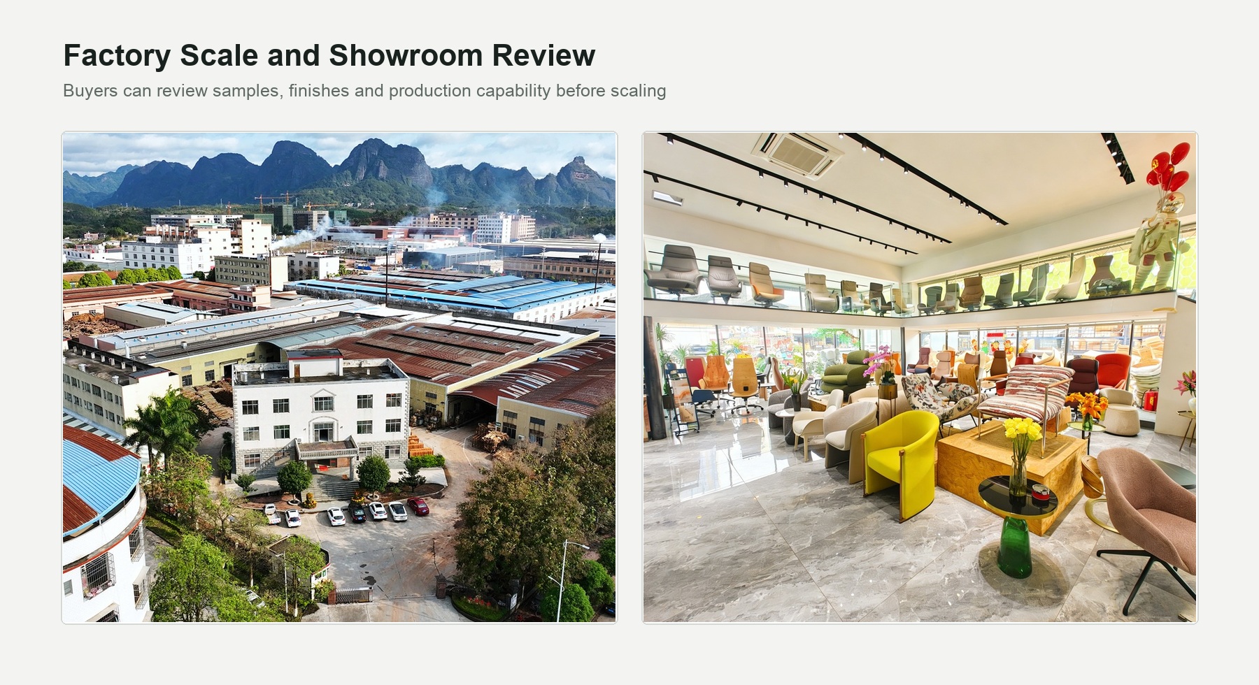 DALI factory campus and furniture showroom for buyer visits and sample review.