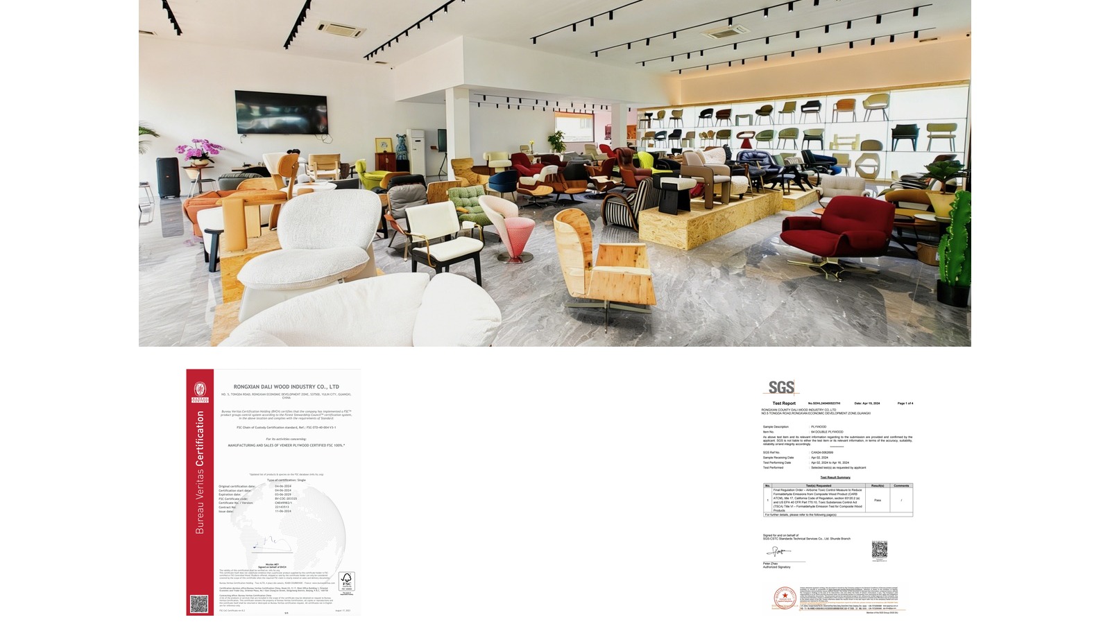 DALI furniture showroom with FSC Chain of Custody certificate and SGS plywood test report.