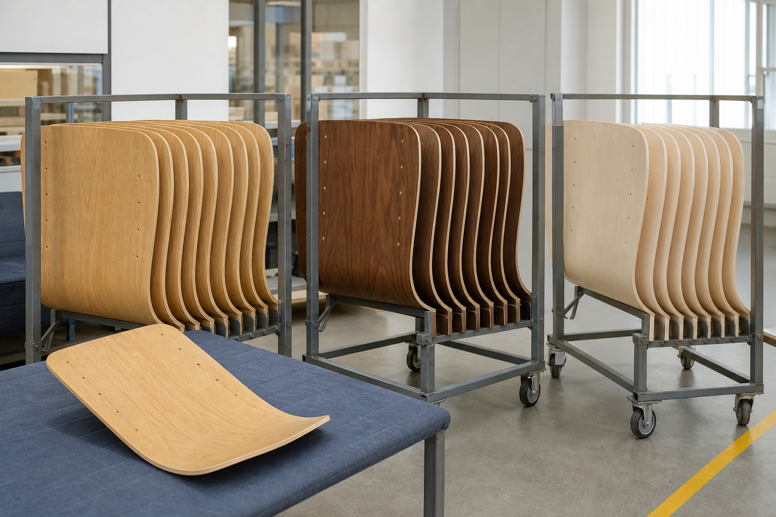Small pilot batches of matching curved plywood chair backs in three veneer finishes.