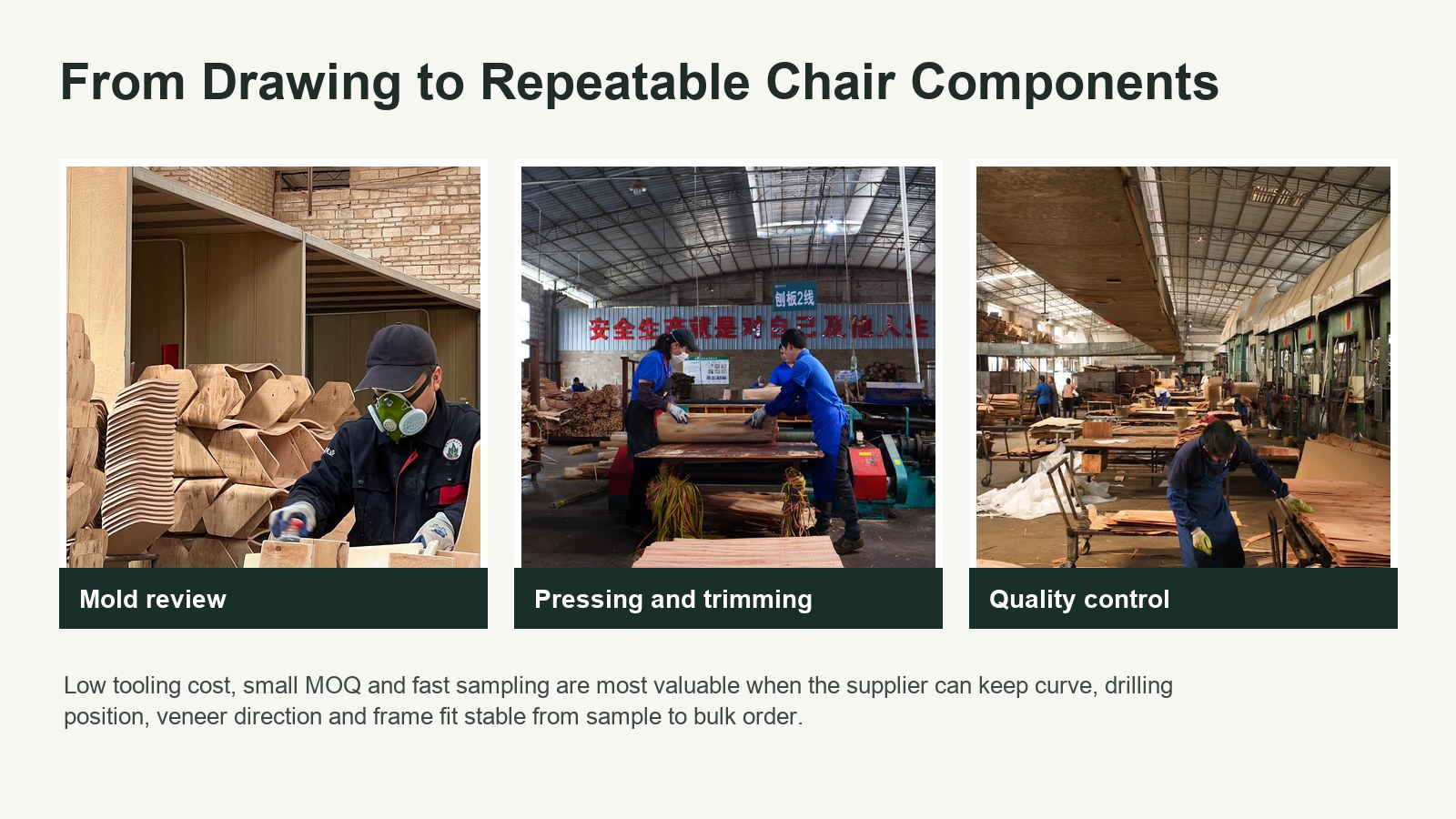 DALI factory workflow for low-cost custom molded plywood chair components from mold review to quality control