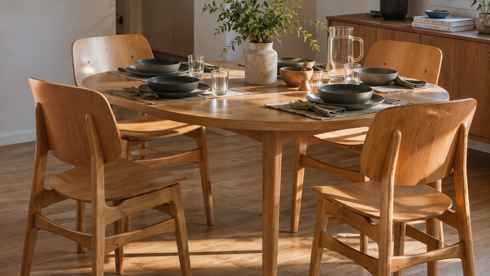 Wooden dining chairs used in a warm home dining room.