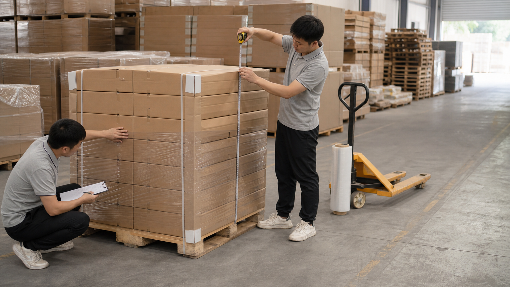 Warehouse team measuring pallet stack height for furniture component export cartons