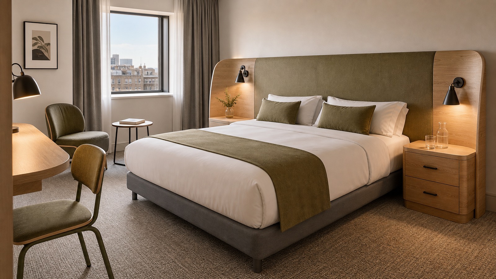 Contemporary hotel guestroom with a curved plywood headboard, rounded bedside cabinet, desk chair and lounge chair.